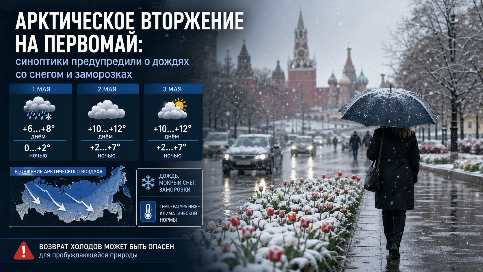 Арктическое вторжение на Первомай: синоптики предупредили о дождях со снегом и заморозках