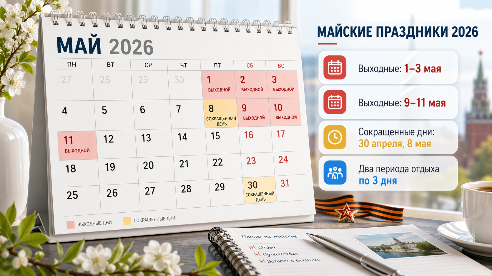 График майских праздников в 2026 году: как распределятся выходные дни