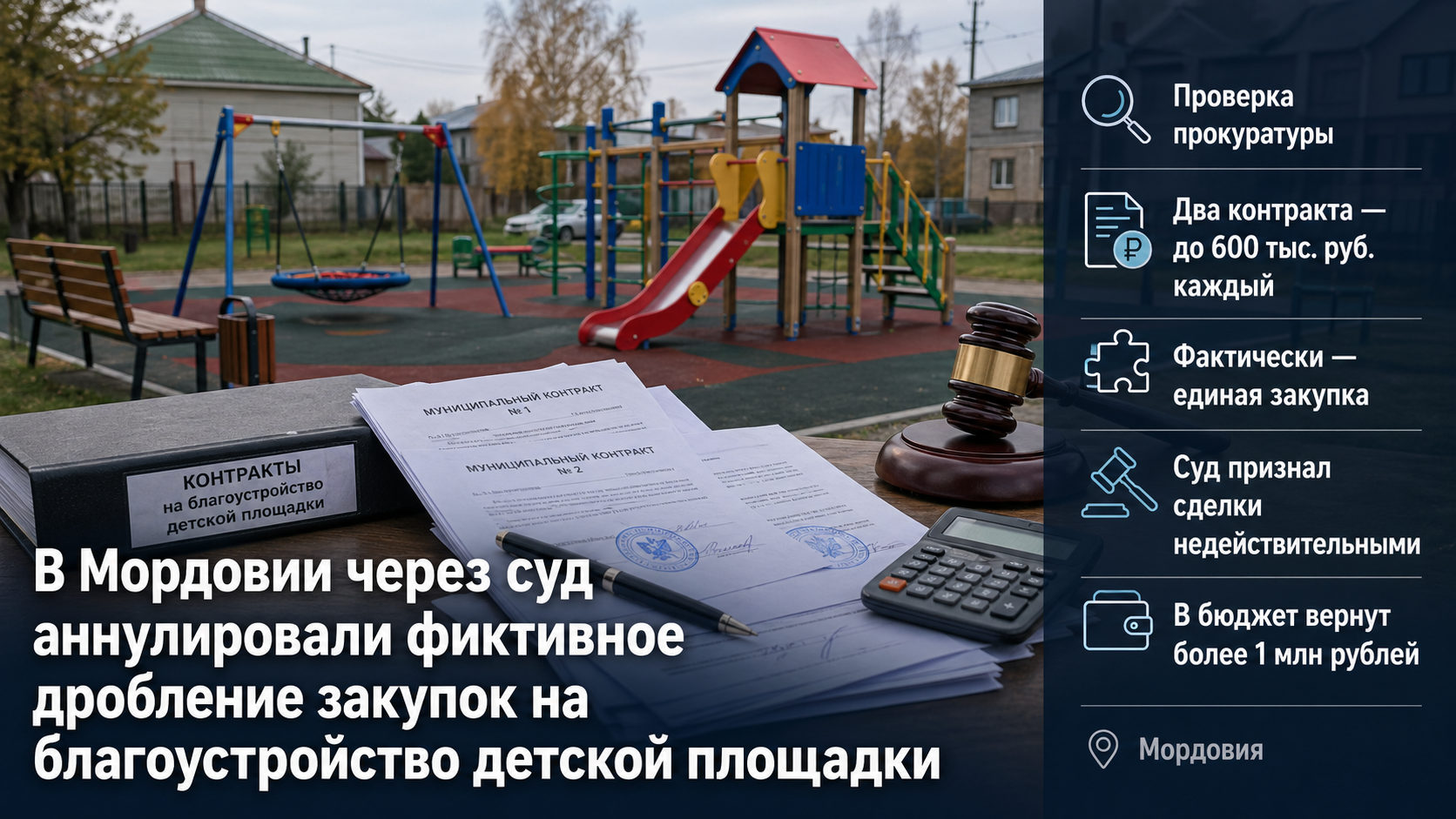 В Мордовии через суд аннулировали фиктивное дробление закупок на благоустройство детской площадки