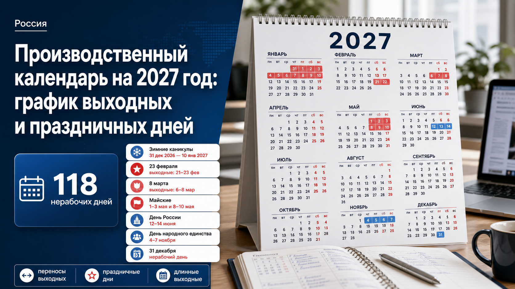 Производственный календарь на 2027 год: график выходных и праздничных дней