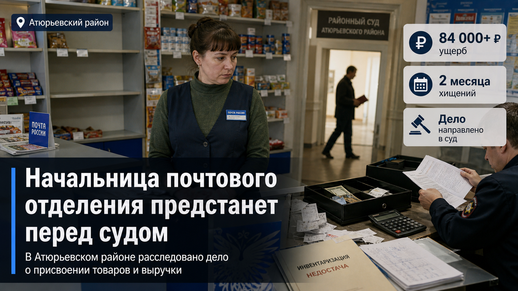 В Атюрьевском районе начальница почтового отделения предстанет перед судом за присвоение товаров и выручки